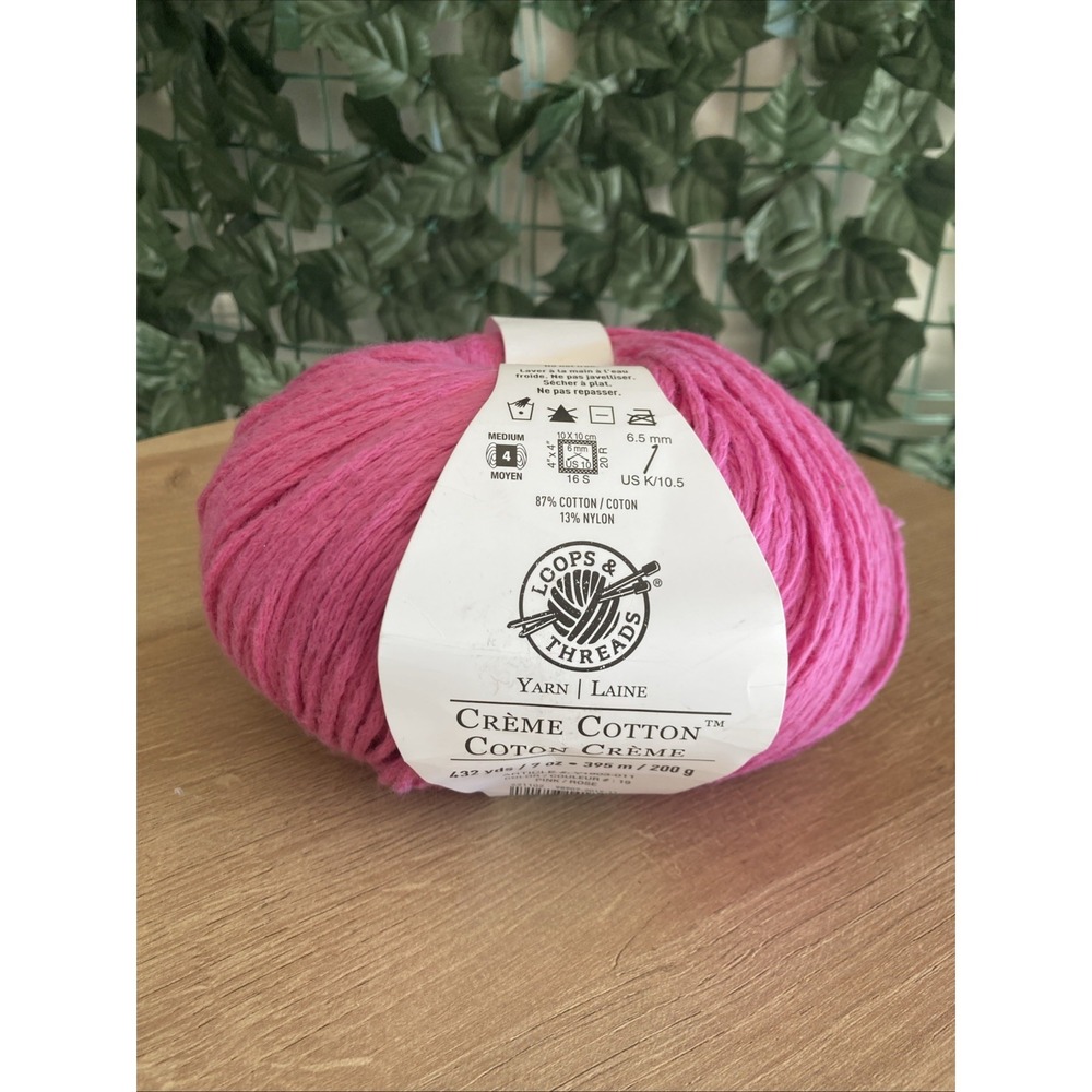 Loops And Threads Crème Cotton Yarn Pink 87% Cotton 13% Nylon 432 Yards 7oz 200g